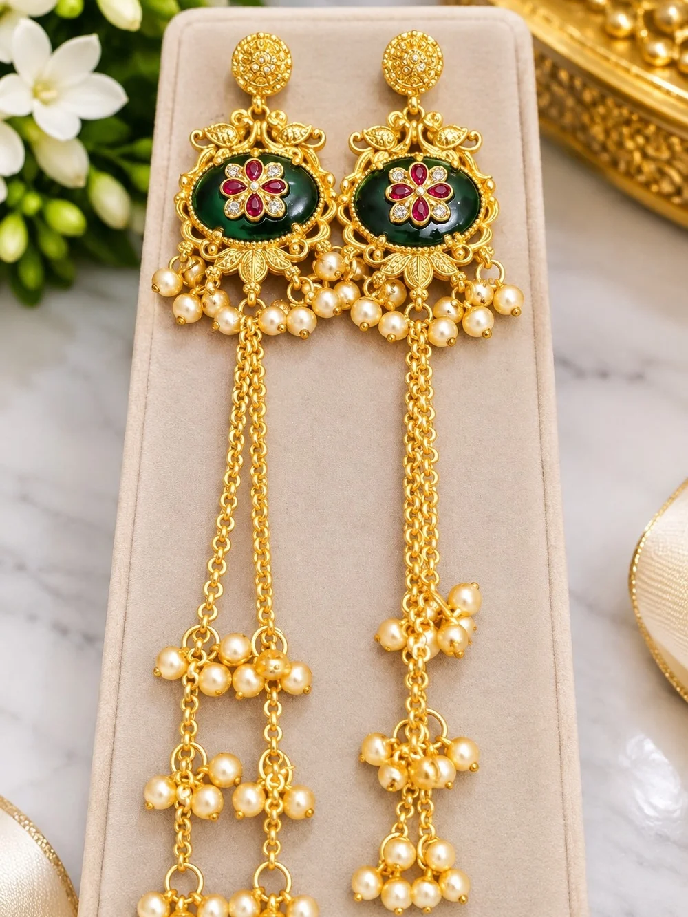 Gold-Tone Green & Pearl Floral Drop Earrings